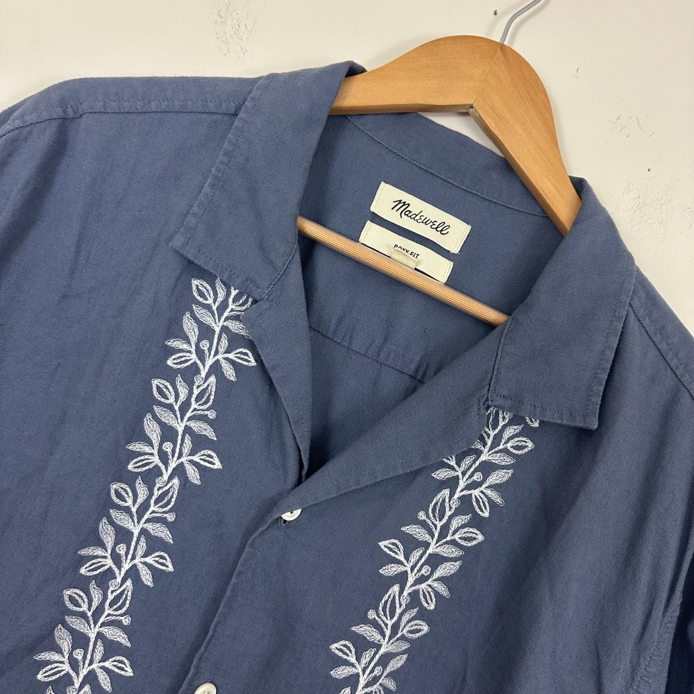 Madewell Shirt Blue Linen Floral Embroidery Boxy Fit Short Sleeve Mens Large
